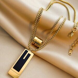Gold Plated Stainless Steel Geometric Pendant Necklace Black Accent
